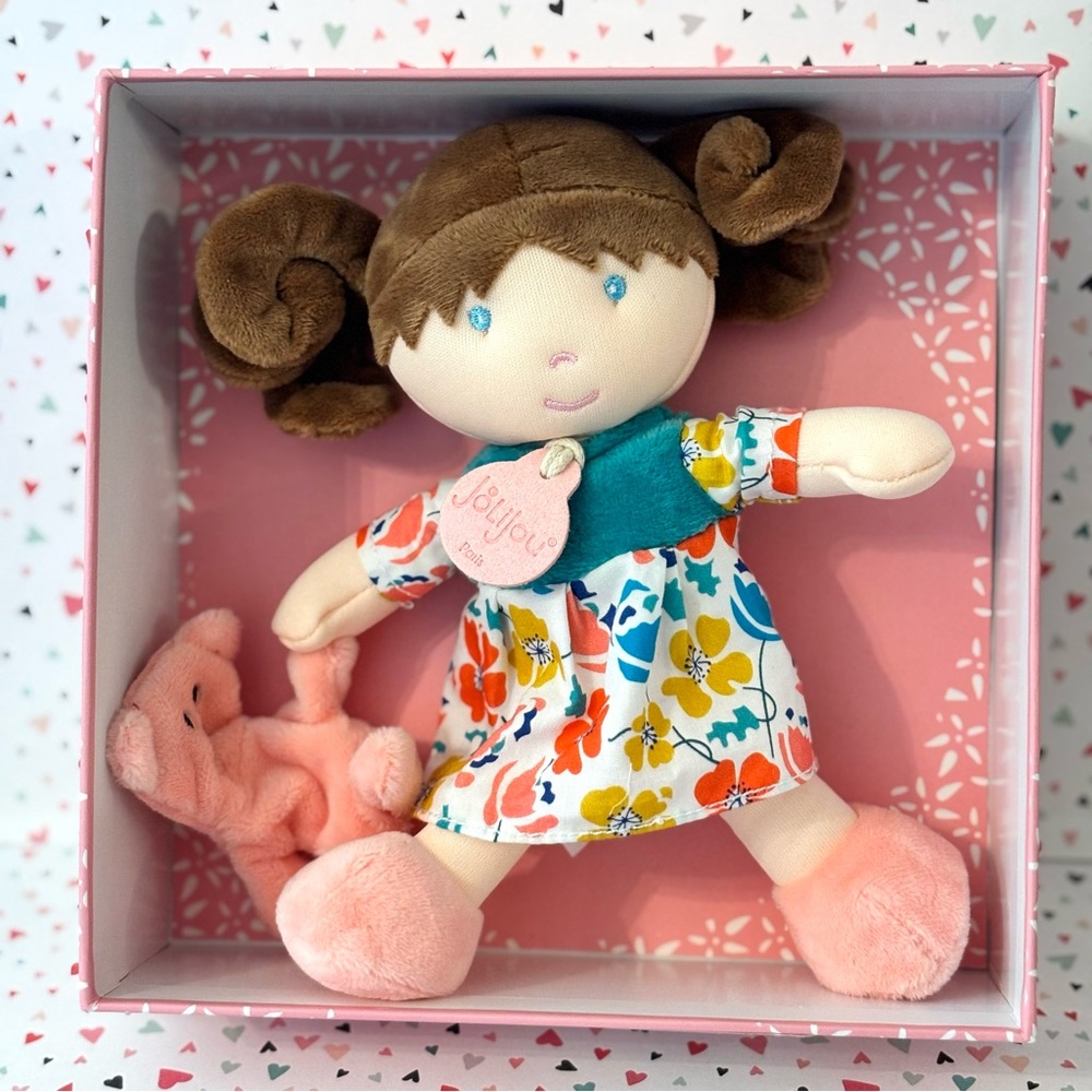 JoLijou Paris Demoiselle Plush My First Doll‎ Floral Dress Brown Hair Bear NEW